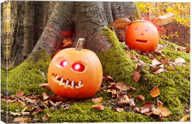 Halloween pumpkins in the forest Canvas Print by Simon Bratt LRPS