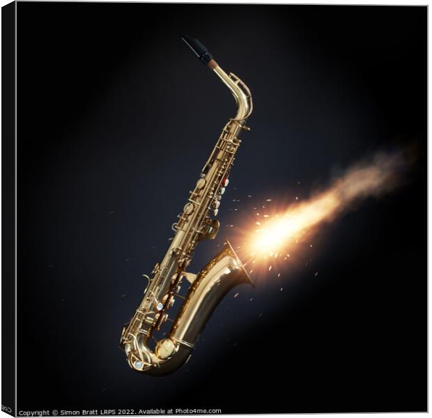 Saxophone with fire out the bell on black Canvas Print by Simon Bratt LRPS