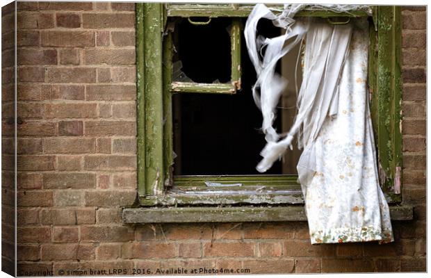 Abandonded building window and curtains Canvas Print by Simon Bratt LRPS