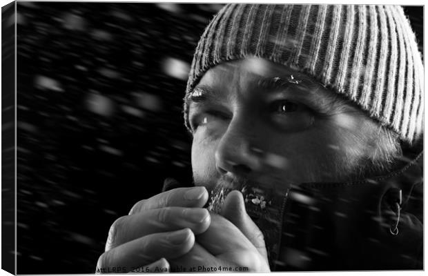 Man freezing in snow storm BW Canvas Print by Simon Bratt LRPS