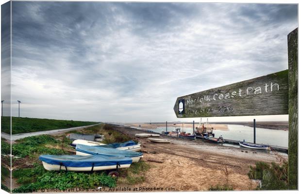 Norfolk coastal path sign and boats Canvas Print by Simon Bratt LRPS