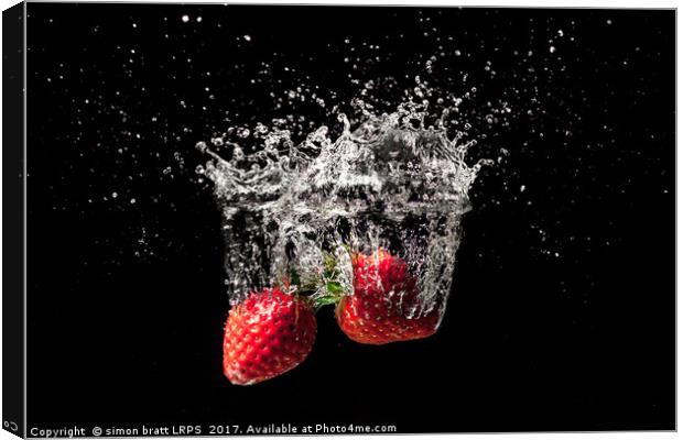 Strawberry fruit big splash into water Canvas Print by Simon Bratt LRPS