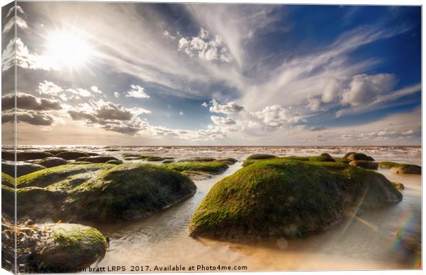 Hunstanton coastline with  seaweed rock outcrops o Canvas Print by Simon Bratt LRPS