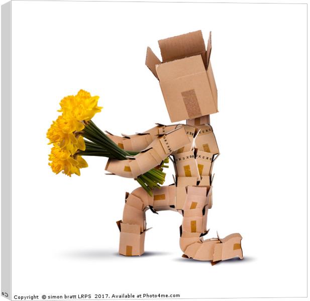Box character on bended knee with flowers Canvas Print by Simon Bratt LRPS