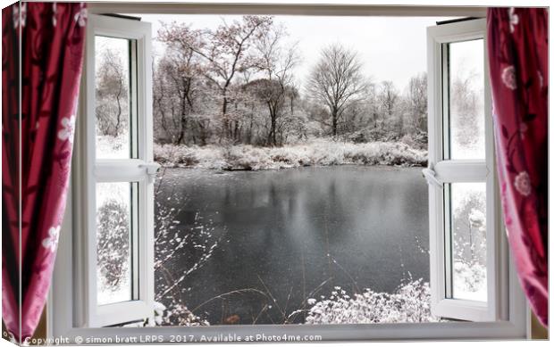 Beautiful frozen lake scene through an open window Canvas Print by Simon Bratt LRPS