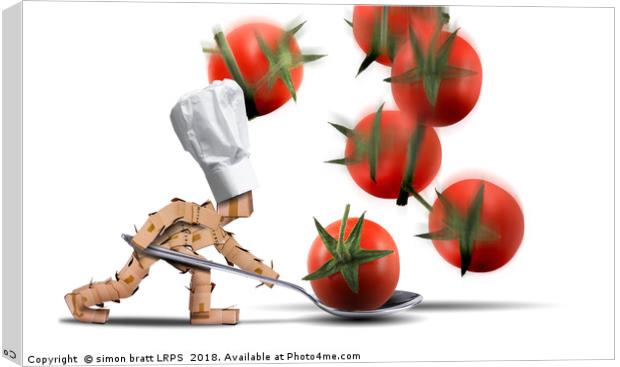 Cute chef box character catching tomatoes Canvas Print by Simon Bratt LRPS