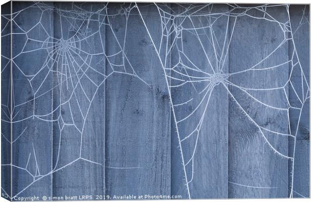 Spiders web on fence with winter ice Canvas Print by Simon Bratt LRPS
