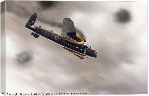 Lancaster bomber on fire crashing Canvas Print by Simon Bratt LRPS