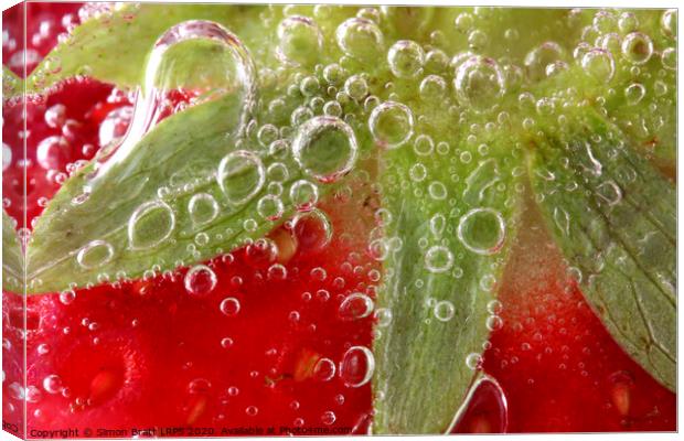 Strawberries in water close up Canvas Print by Simon Bratt LRPS
