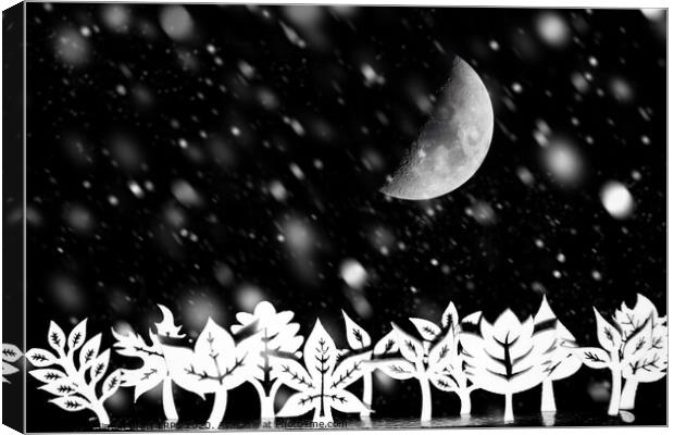Fantasy winter trees with moon and snow Canvas Print by Simon Bratt LRPS