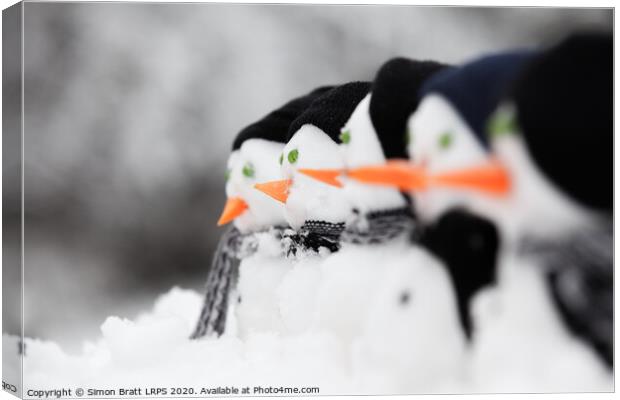 Line of carol singing snowmen Canvas Print by Simon Bratt LRPS