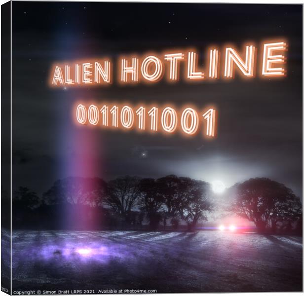 Alien hotline 0011011001 neon slogan Canvas Print by Simon Bratt LRPS