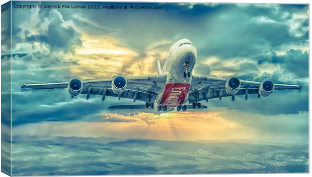 'Emirates A380 Soaring Manchester Skies' Canvas Print by Derrick Fox Lomax