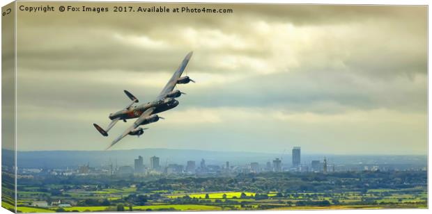 Lancaster bomber over manchester Canvas Print by Derrick Fox Lomax
