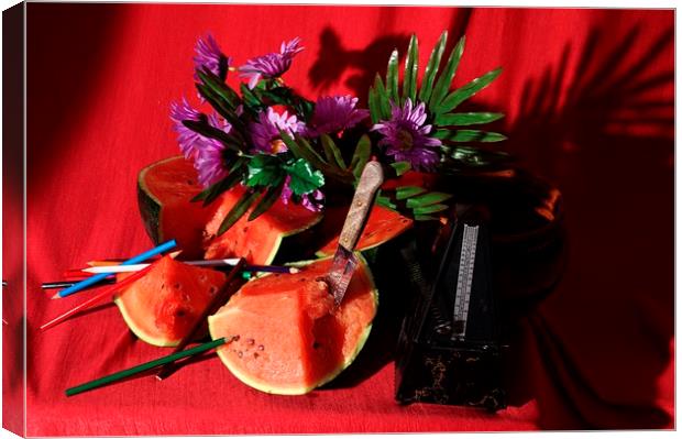  Water melon flowers and a metronome Canvas Print by Jose Manuel Espigares Garc