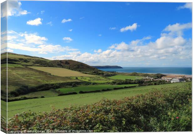 Woolacombe. Green fields and blue bay Canvas Print by Beryl Curran
