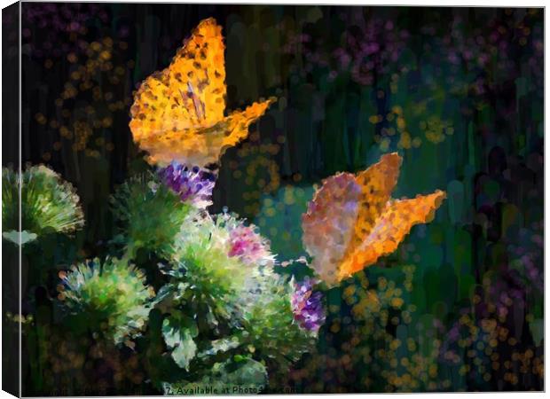 Orange Butterflies on Purple Thistles Canvas Print by Beryl Curran