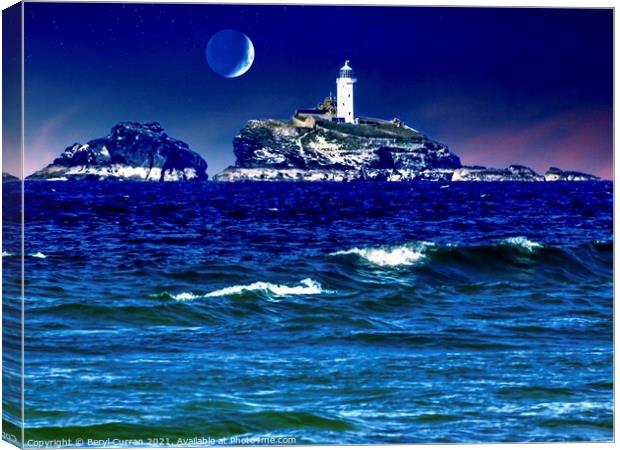 Godrevy Lighthouse Moonlit Serenade Canvas Print by Beryl Curran