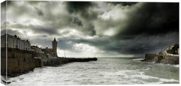 Porthleven Cornwall on a stormy day   Canvas Print by DEREK ROBERTS