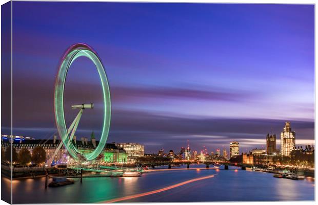 London at dusk with the London Eye, Westminster an Canvas Print by John Finney
