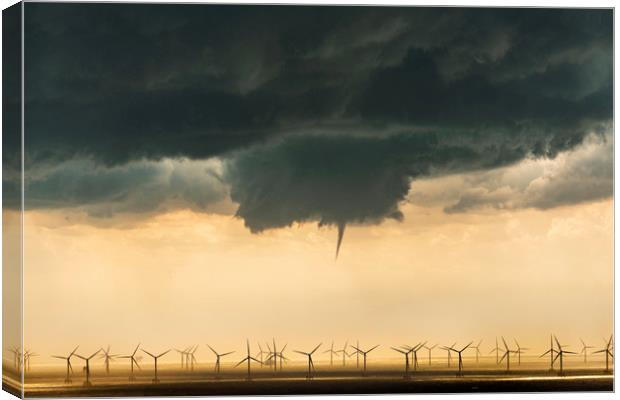 A funnel cloud over a wind farm  Canvas Print by John Finney