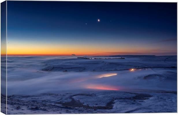 Winter conjunction over freezing fog and snow   Canvas Print by John Finney