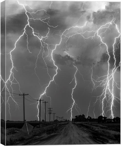 Lightning storm over Nebraska. black and white Canvas Print by John Finney