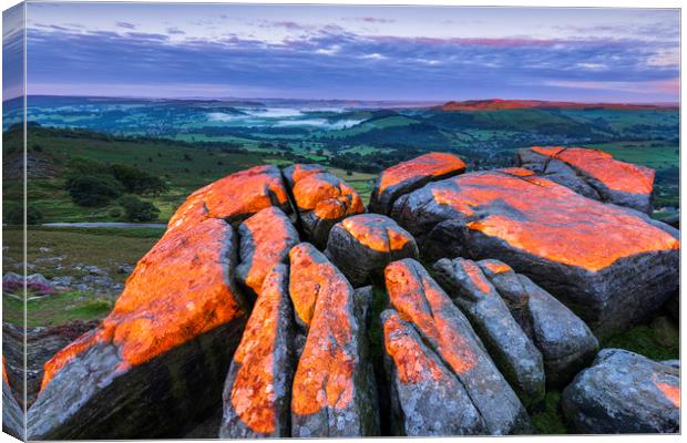 Curbar Red sunrise Rocks, Peak District Canvas Print by John Finney