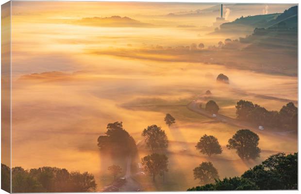 Golden Valley mist at sunrise, Peak District Canvas Print by John Finney
