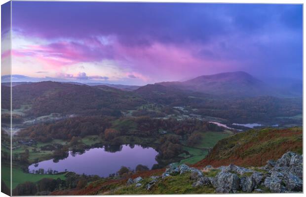 Loughrigg and Elterwater pink sunrise Canvas Print by John Finney