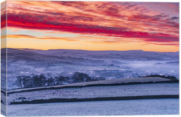 Christmas day winter sunrise, New Mills,  Canvas Print by John Finney