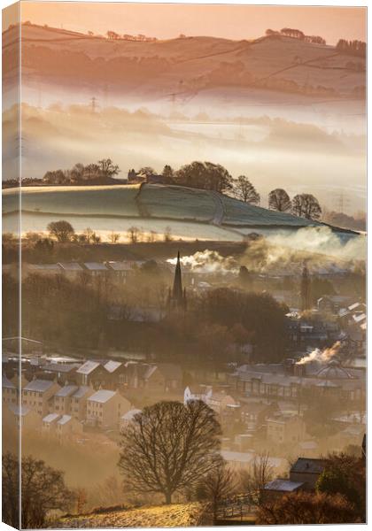 Christmas day winter sunrise, New Mills,  Canvas Print by John Finney