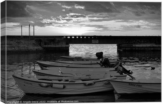 Boats and Train Bridge at Faro Marina Canvas Print by Angelo DeVal