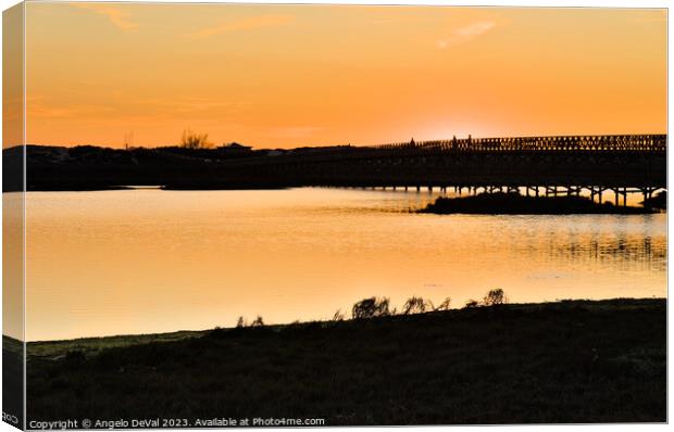 Wooden bridge of Quinta do Lago at Sunset Time Canvas Print by Angelo DeVal