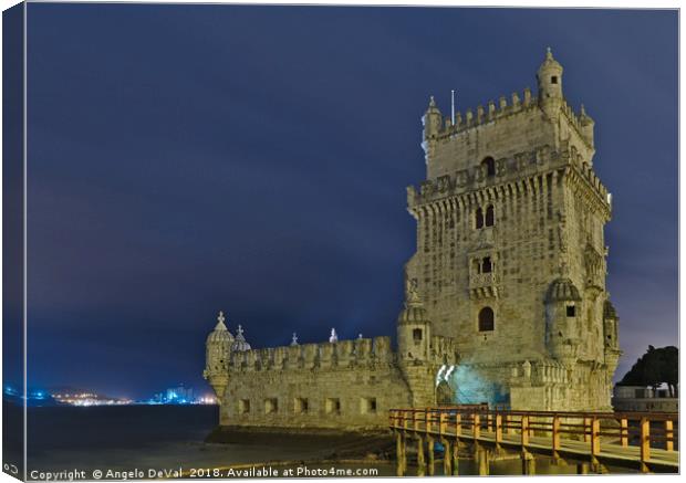 Torre de Belem view at night in Lisbon Canvas Print by Angelo DeVal