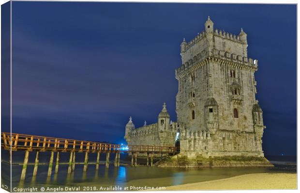 Torre de Belem at night in Lisbon Canvas Print by Angelo DeVal