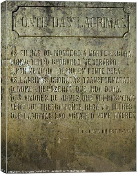 The Engraved Stone Slate of Fonte das Lagrimas Canvas Print by Angelo DeVal