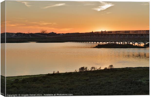 Wooden bridge of Quinta do Lago at Sunset Time Canvas Print by Angelo DeVal