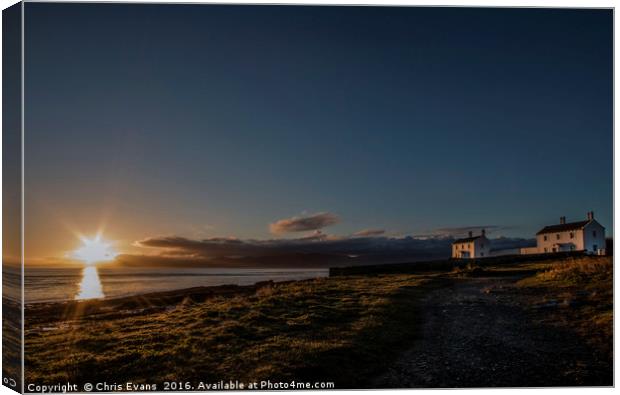Penmon Lighthouse keepers Cottages at Dawn  Canvas Print by Chris Evans