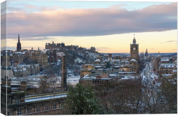 Calton Hill looking towards the Castle at sunrise Canvas Print by Miles Gray