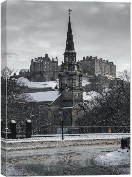 St Cuthbert's Church and Edinburgh Castle in the Snow Canvas Print by Miles Gray