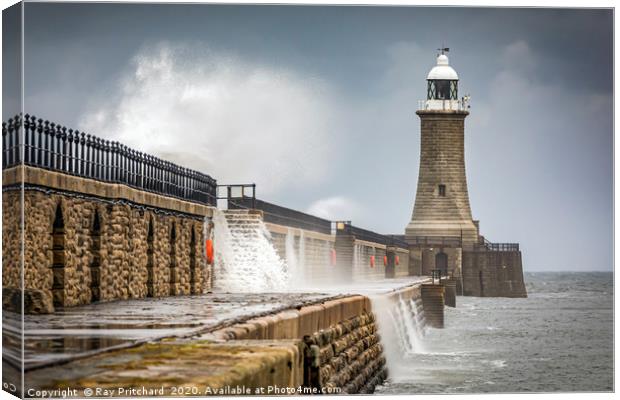 Waves Over Tynemouth Pier  Canvas Print by Ray Pritchard
