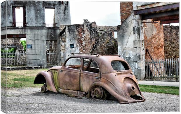 Rusted Car amongst Oradour Ruins  Canvas Print by Jacqui Farrell