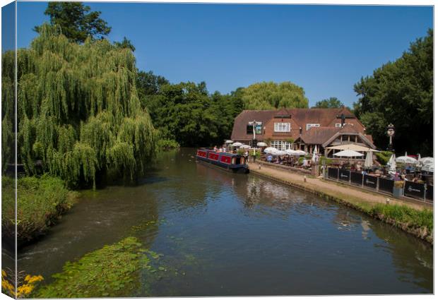 Riverside Pub & Canal Narrow Boat .Pyrford Lock Su Canvas Print by Philip Enticknap