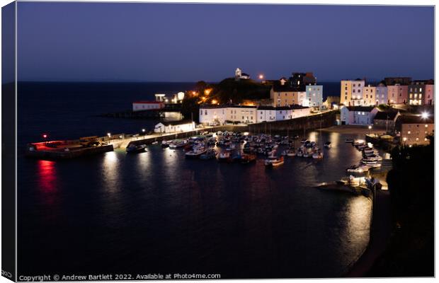 Tenby Harbour at night, West Wales UK. Canvas Print by Andrew Bartlett