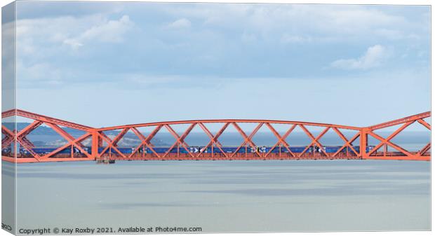 ScotRail train crossing Forth Rail Bridge, Scotland Canvas Print by Kay Roxby