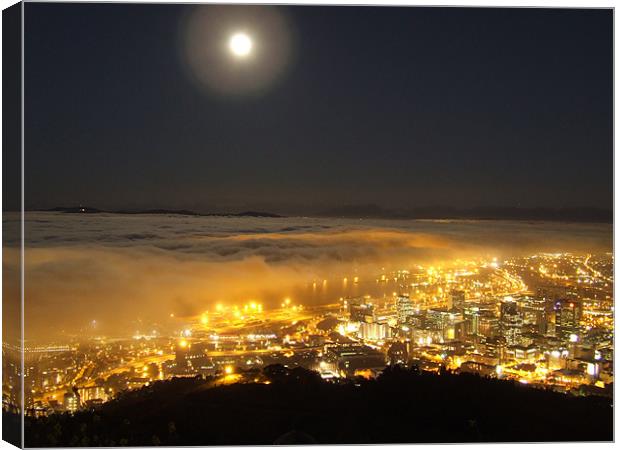 Fullmoon Fog Cape Town Landscape night Canvas Print by Ralph Schroeder