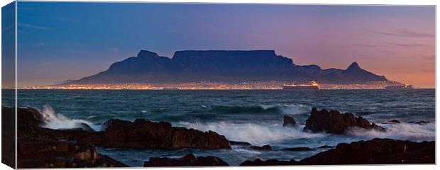 Table Mountain from Bloubergstrand Night Canvas Print by John Hickey-Fry