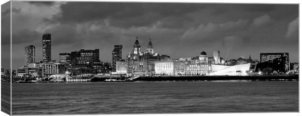 Liverpool Waterfront at Night B&W Canvas Print by John Hickey-Fry