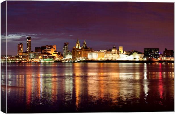  Liverpool Skyline Reflections from Woodside Canvas Print by John Hickey-Fry